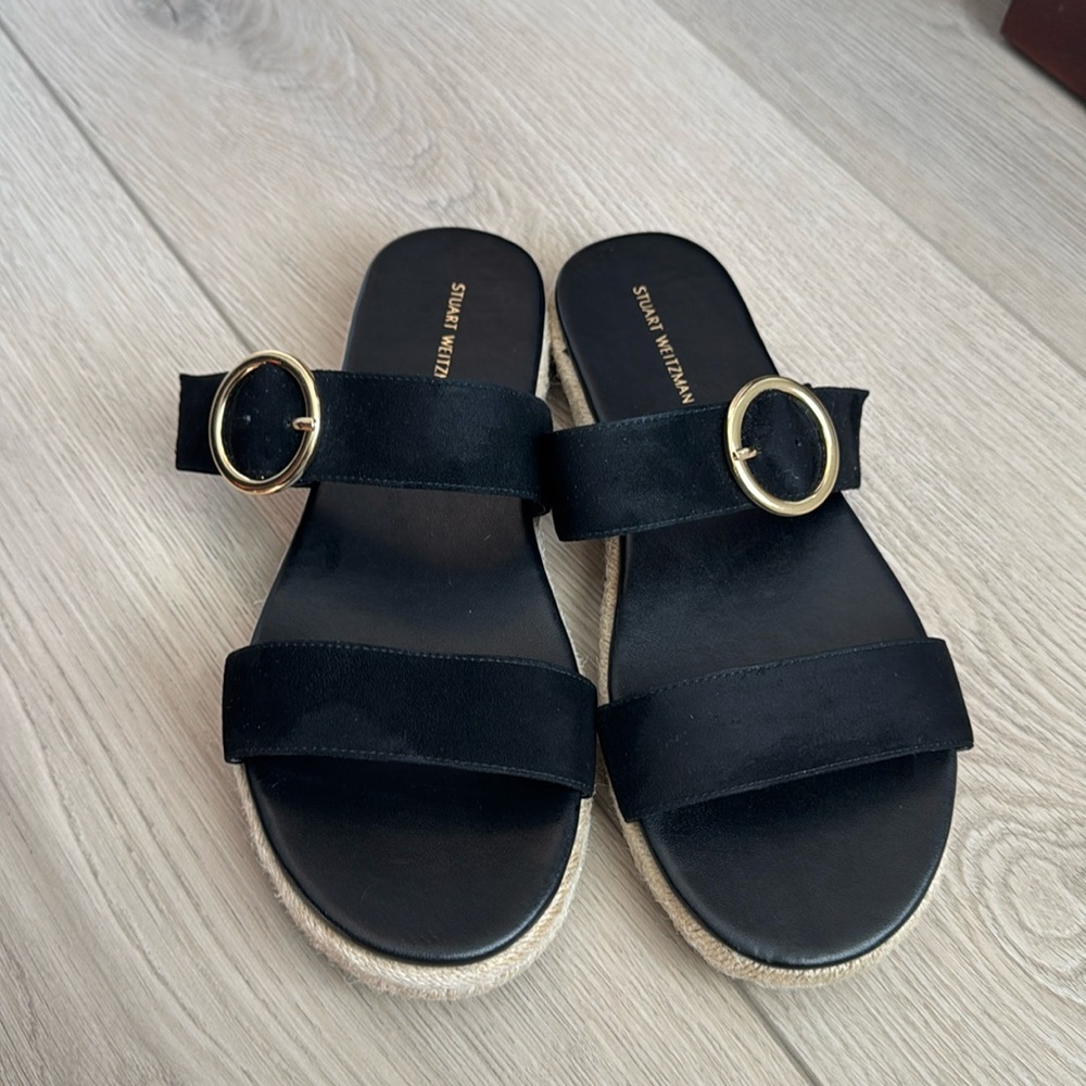 Stuart Weitzman espadrille sandals with black suede and gold buckle  size 8